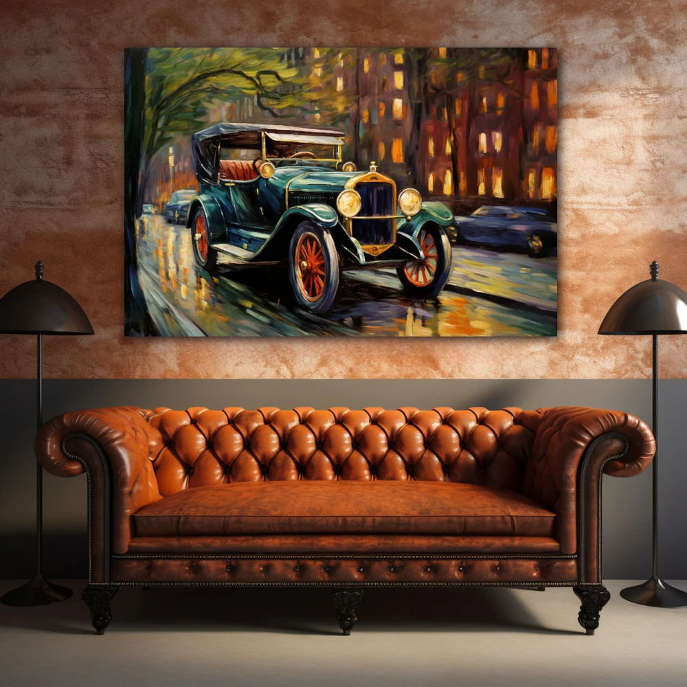 Wall Art titled: Reflections of a Golden Era in a Horizontal format with: Golden, Brown, and Green Colors; Decoration the Above Couch wall