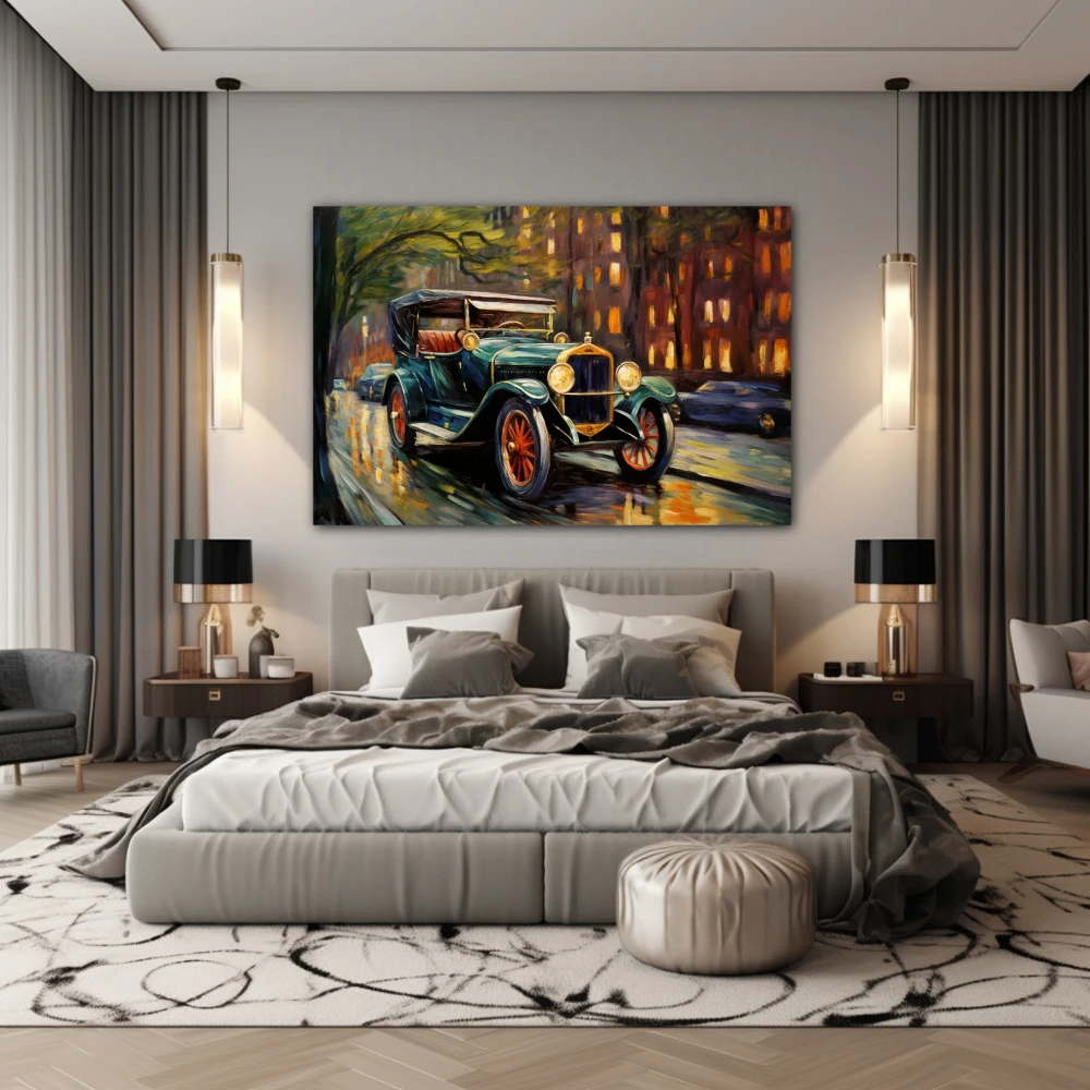 Wall Art titled: Reflections of a Golden Era in a Horizontal format with: Golden, Brown, and Green Colors; Decoration the Bedroom wall
