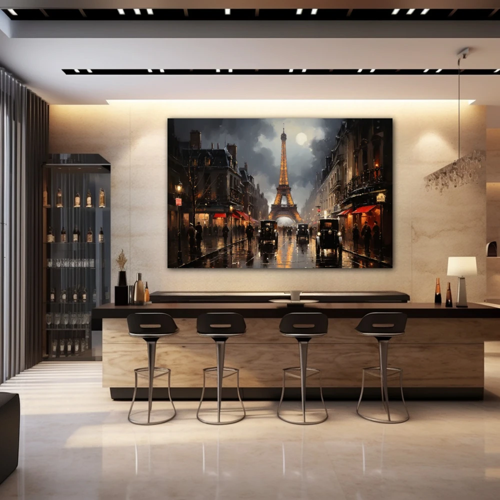 Wall Art titled: Reflections of the Ville Lumière in a Horizontal format with: Grey, Black, and Red Colors; Decoration the Bar wall