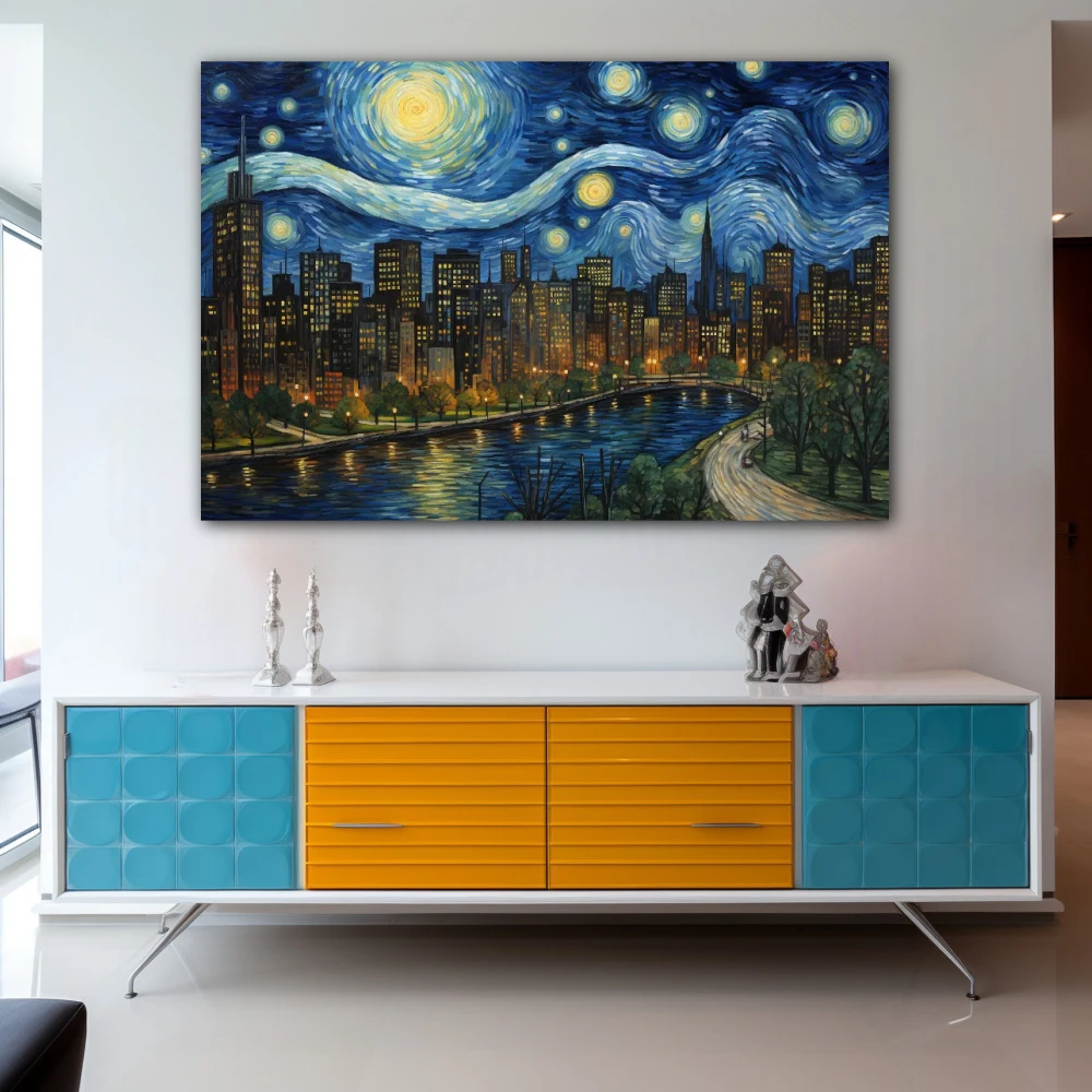 Cuadro fantasía nocturna neoyorquina en formato horizontal con colores amarillo, azul, verde; decorando pared de aparador