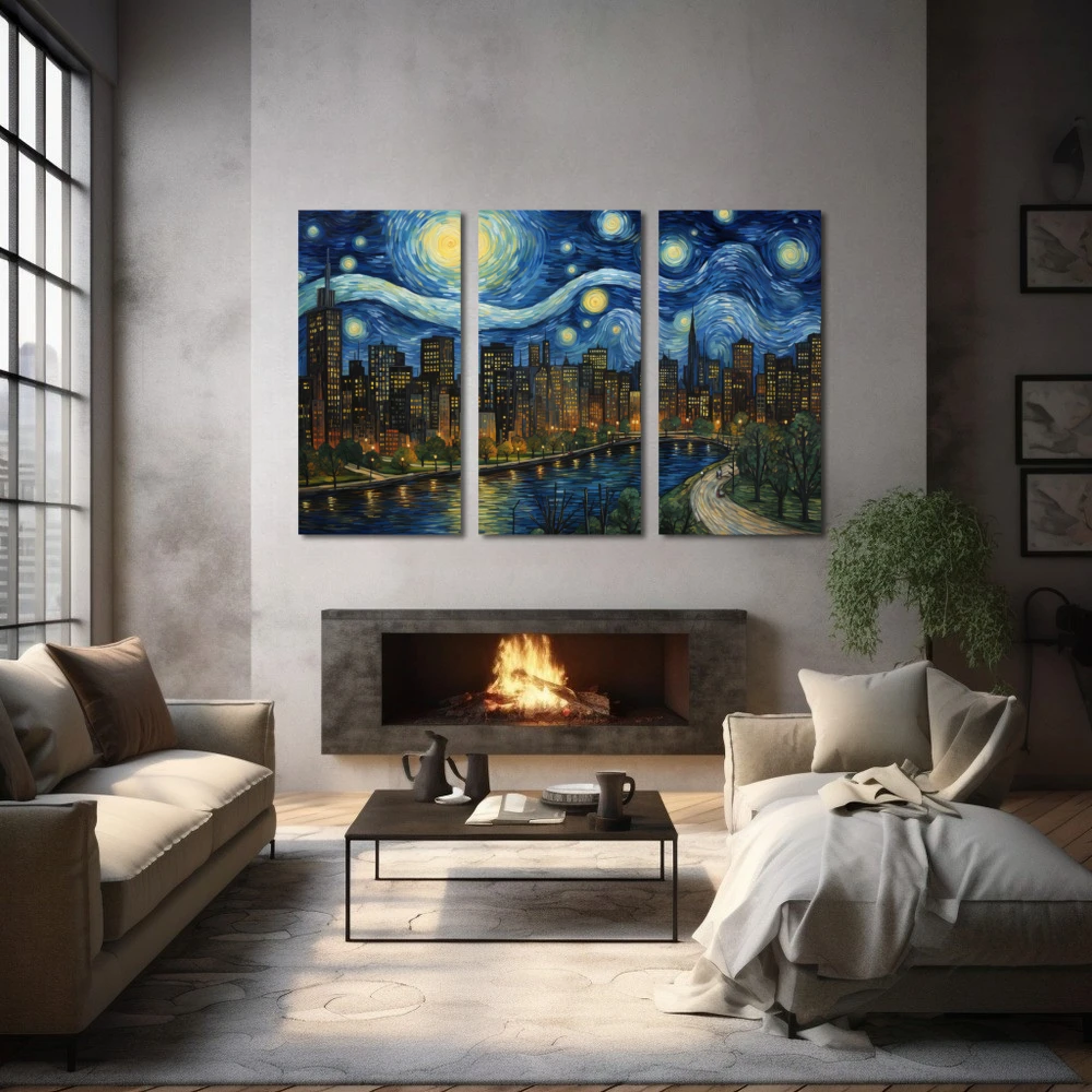 Cuadro fantasía nocturna neoyorquina en formato tríptico con colores amarillo, azul, verde; decorando pared de chimenea