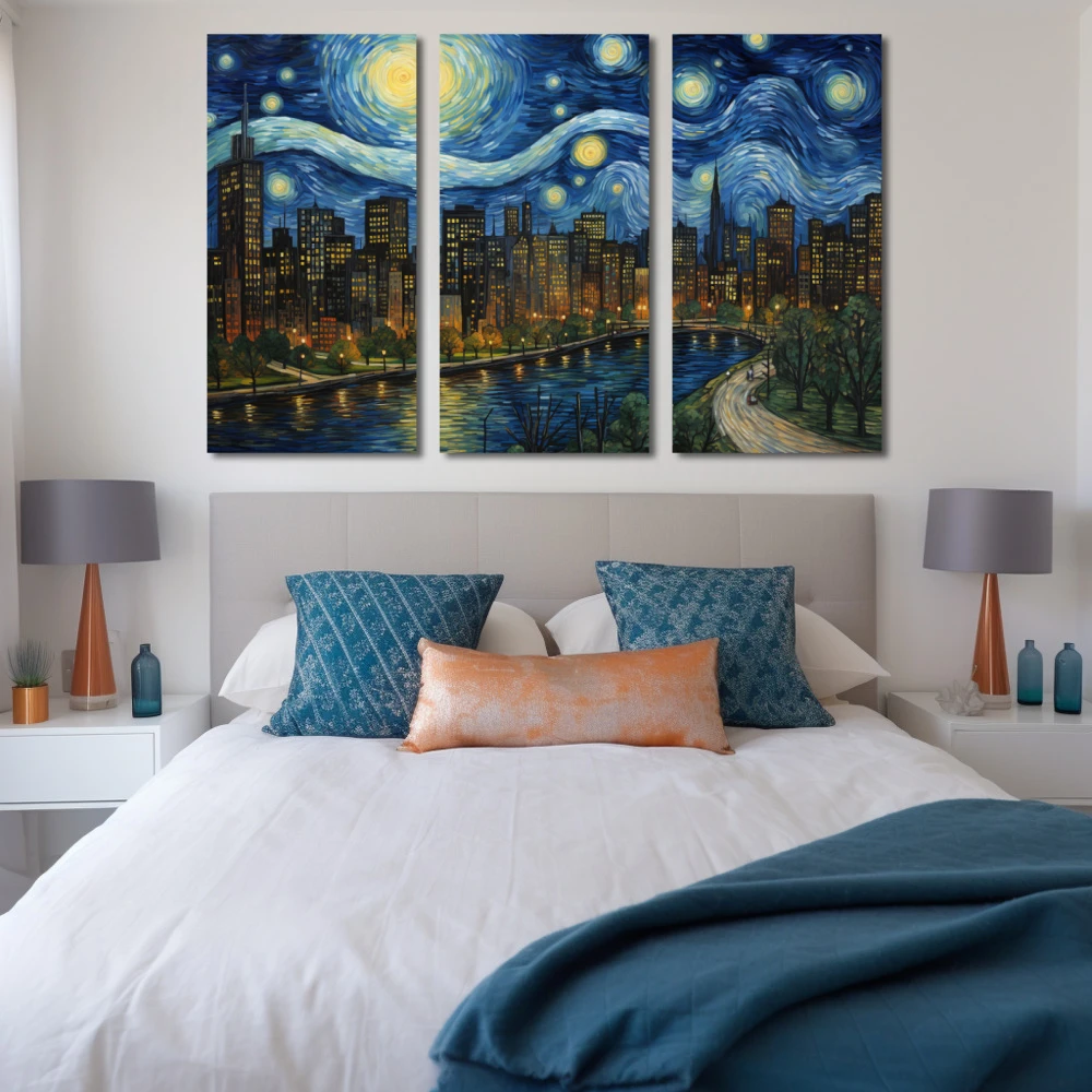 Cuadro fantasía nocturna neoyorquina en formato tríptico con colores amarillo, azul, verde; decorando pared de habitación dormitorio