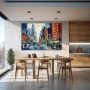 Wall Art titled: Awakening in the Big Apple in a Horizontal format with: Blue, Grey, Orange, and Navy Blue Colors; Decoration the Kitchen wall