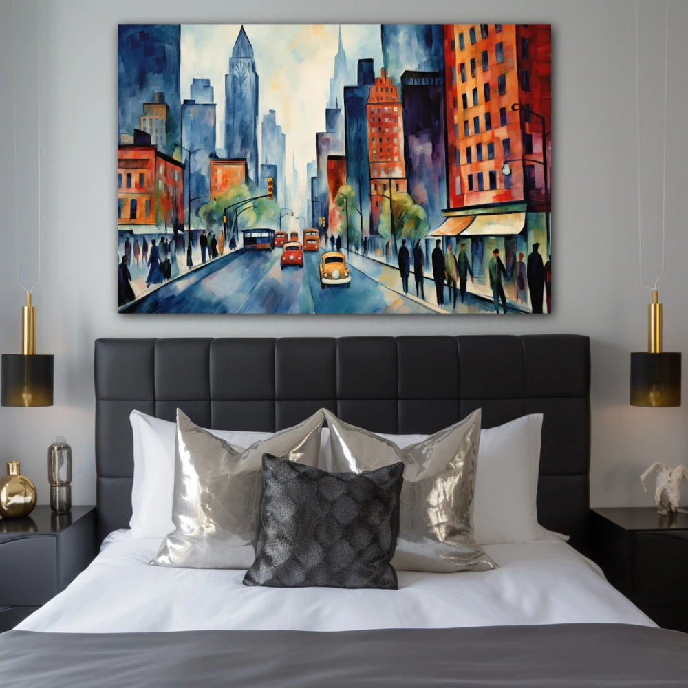 Wall Art titled: Awakening in the Big Apple in a Horizontal format with: Blue, Grey, Orange, and Navy Blue Colors; Decoration the Bedroom wall
