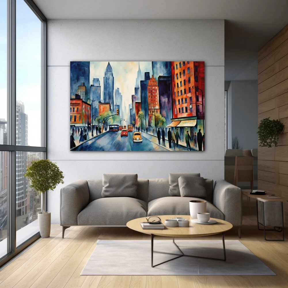 Wall Art titled: Awakening in the Big Apple in a Horizontal format with: Blue, Grey, Orange, and Navy Blue Colors; Decoration the Inmobiliaria wall