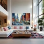 Wall Art titled: Awakening in the Big Apple in a Horizontal format with: Blue, Grey, Orange, and Navy Blue Colors; Decoration the Living Room wall