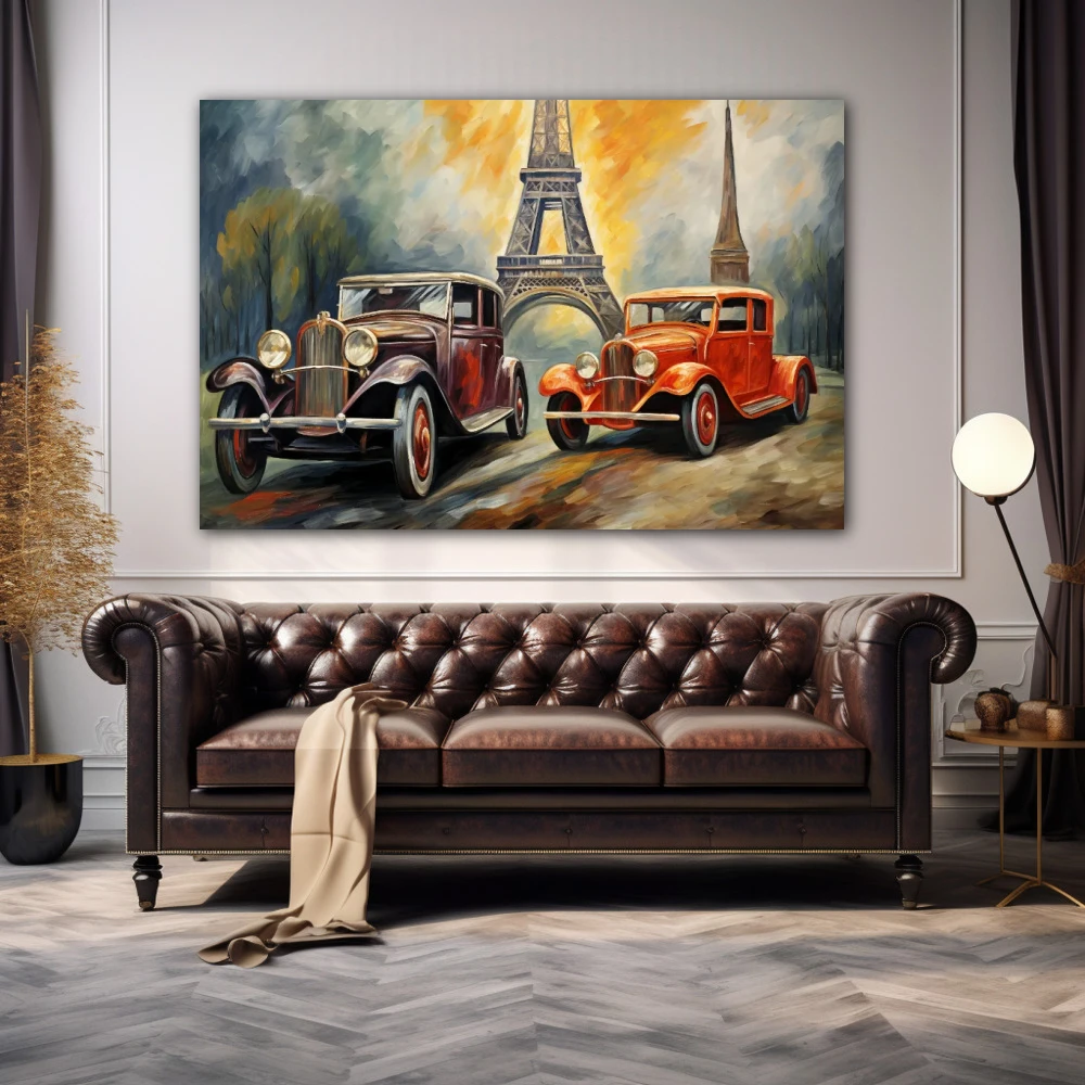 Cuadro elegancia en movimiento en formato horizontal con colores gris, naranja; decorando pared de encima del sofá
