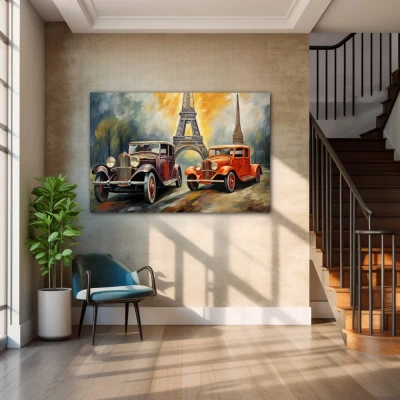 Wall Art titled: Elegance in Motion in a Horizontal format with: Grey, and Orange Colors; Decoration the Staircase wall
