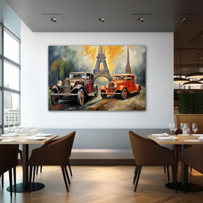 Wall Art titled: Elegance in Motion in a Horizontal format with: Grey, and Orange Colors; Decoration the Restaurant wall