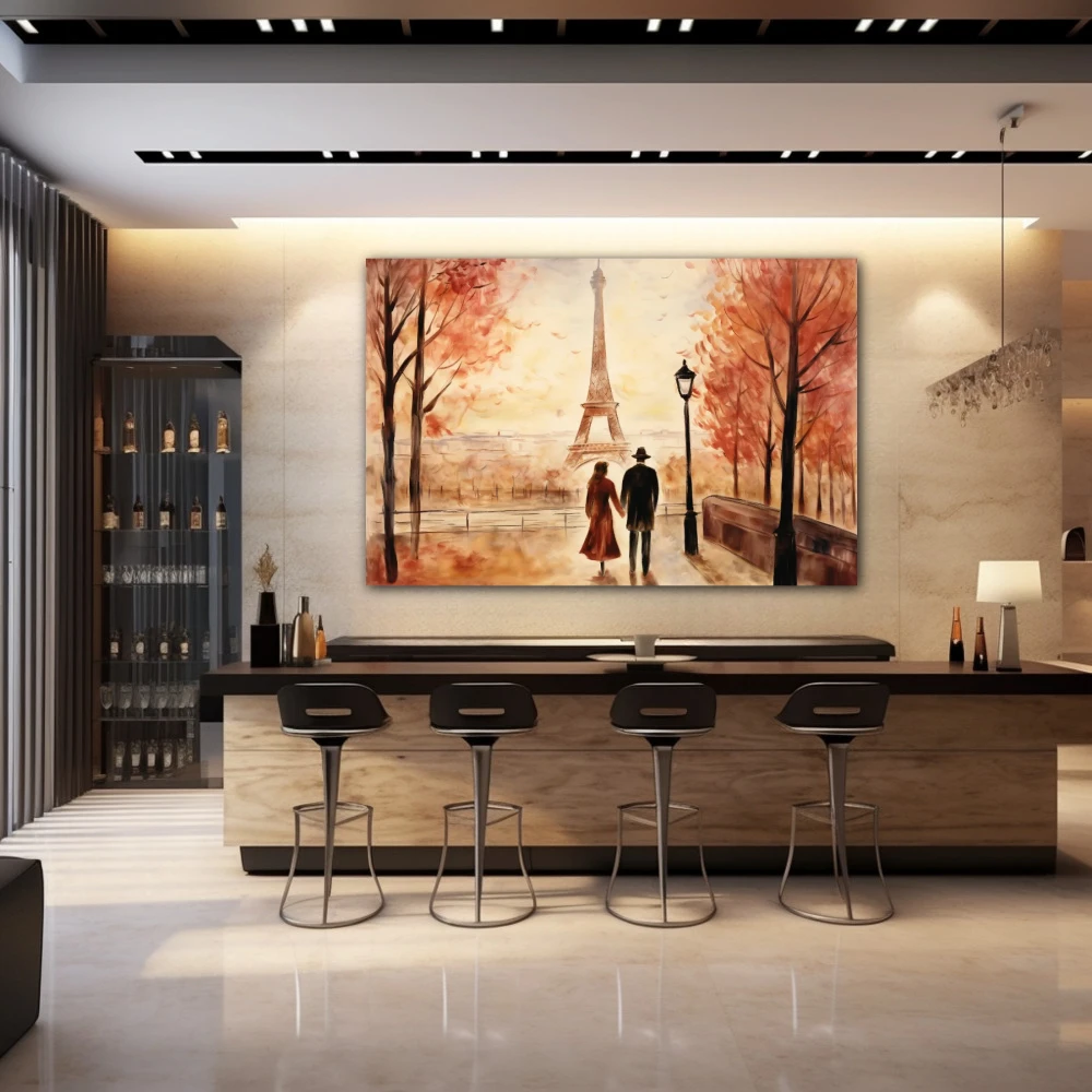 Wall Art titled: Lovers under the Ochre in a Horizontal format with: Brown, and Monochromatic Colors; Decoration the Bar wall