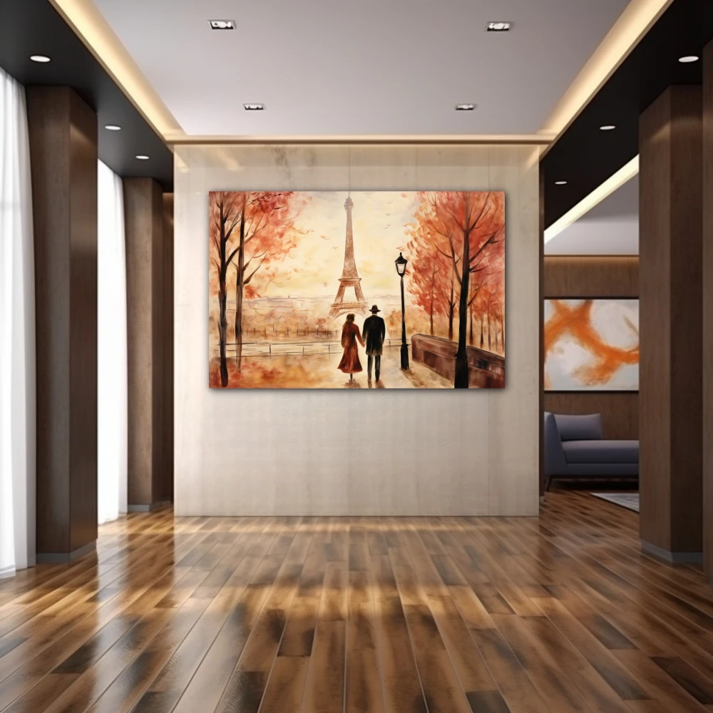 Cuadro amantes bajo el ocre en formato horizontal con colores marrón, monocromático; decorando pared de pasillo