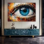 Wall Art titled: Captivating Gaze in a Horizontal format with: Blue, white, and Orange Colors; Decoration the Sideboard wall
