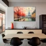 Wall Art titled: Autumn Whispers in Paris in a Horizontal format with: Grey, Red, and Green Colors; Decoration the Kitchen wall