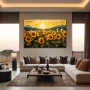 Wall Art titled: Symphony of Serene Sunflowers in a Horizontal format with: Blue, Green, and Vivid Colors; Decoration the Living Room wall