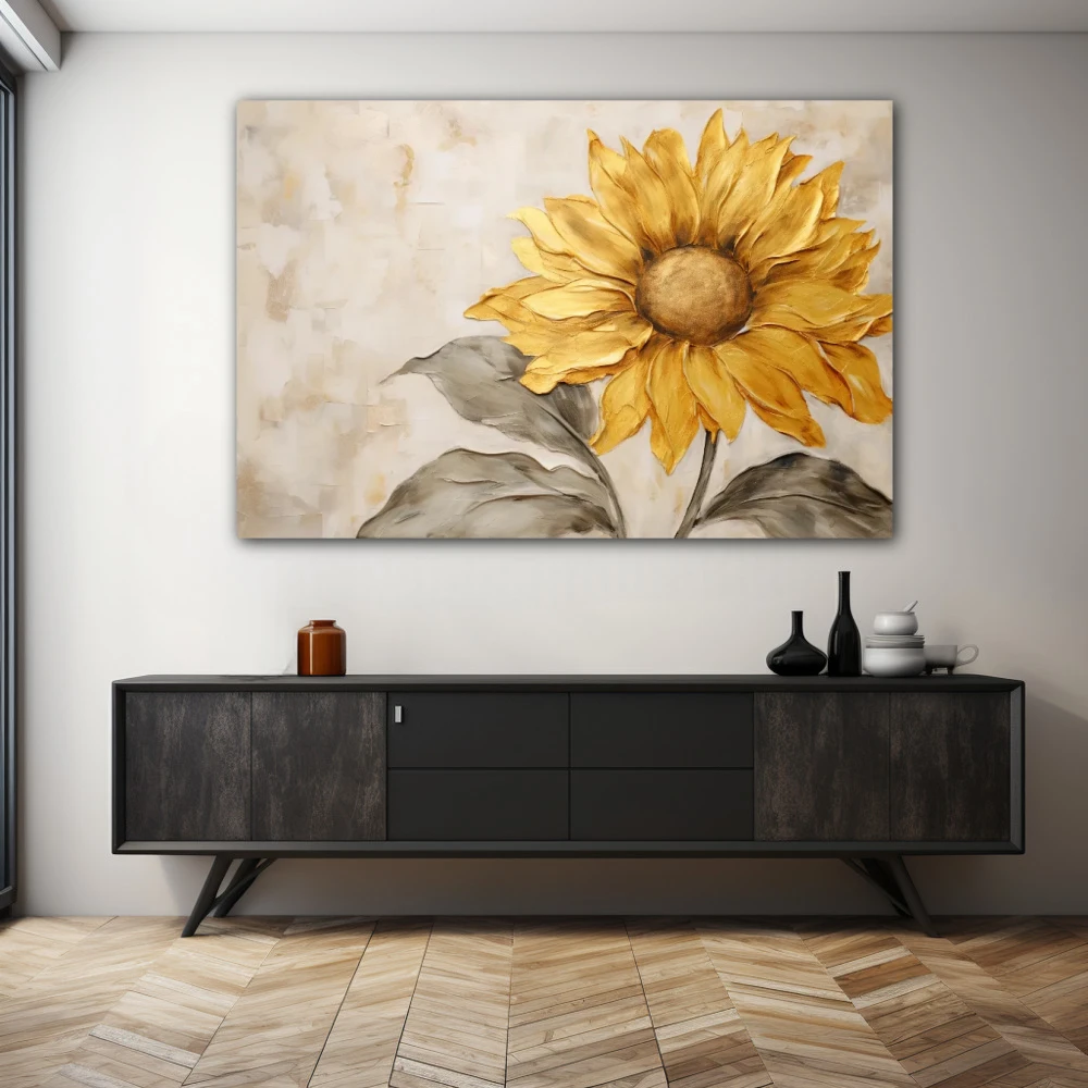 Wall Art titled: Solar Halo in a Horizontal format with: Yellow, Golden, Grey, and Beige Colors; Decoration the Sideboard wall