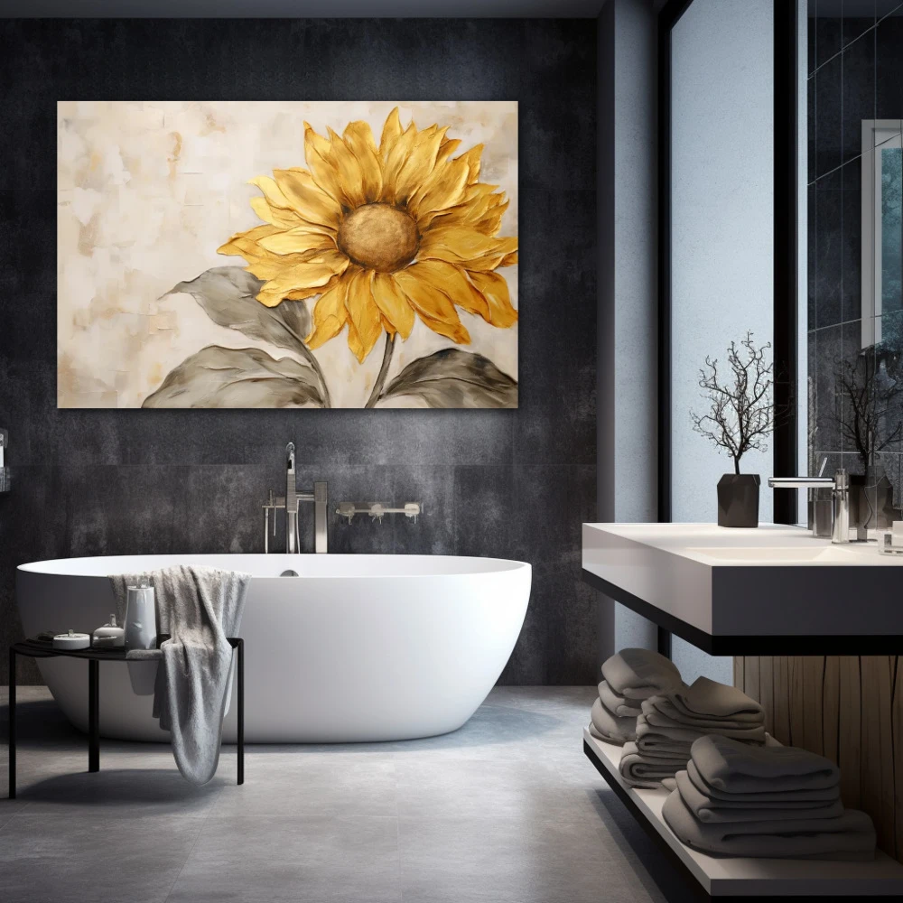 Wall Art titled: Solar Halo in a Horizontal format with: Yellow, Golden, Grey, and Beige Colors; Decoration the Bathroom wall
