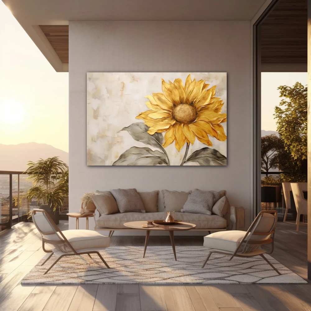 Wall Art titled: Solar Halo in a Horizontal format with: Yellow, Golden, Grey, and Beige Colors; Decoration the Outdoor wall