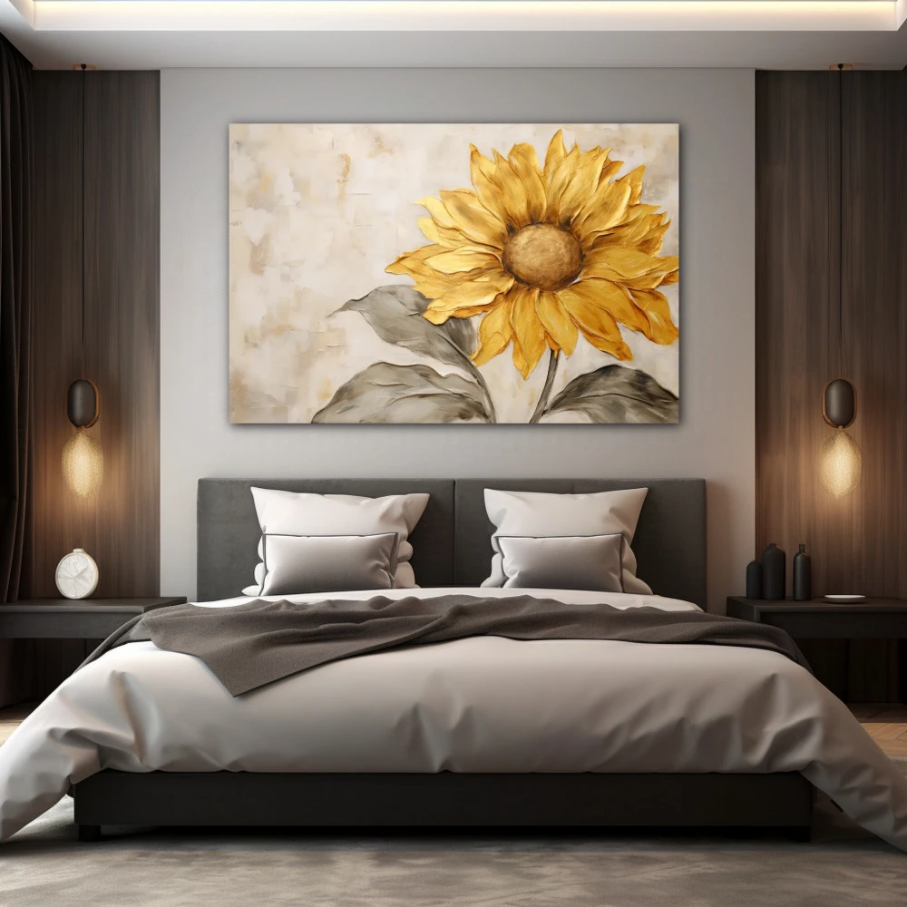 Cuadro aureola solar en formato horizontal con colores amarillo, dorado, gris, beige; decorando pared de habitación dormitorio