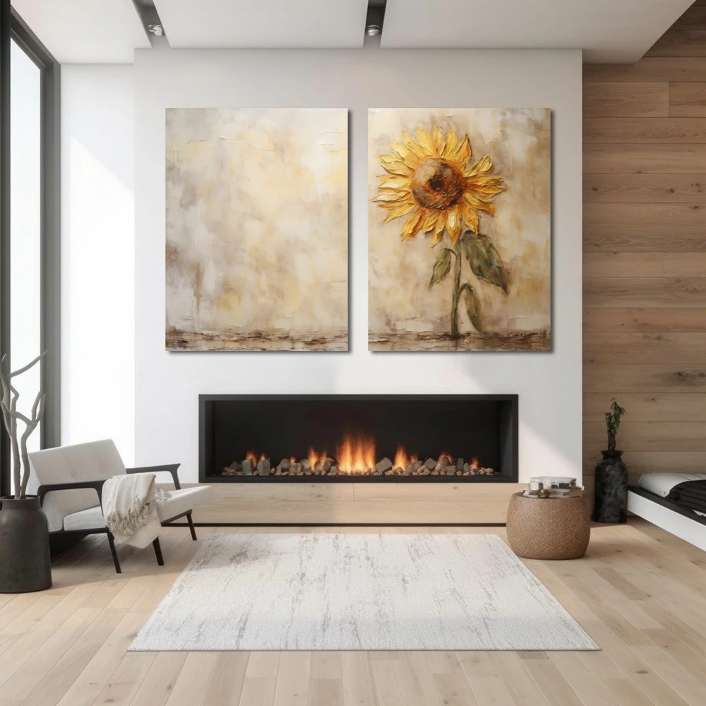Wall Art titled: The Golden Guardian in a Horizontal format with: Golden, Brown, and Beige Colors; Decoration the Fireplace wall