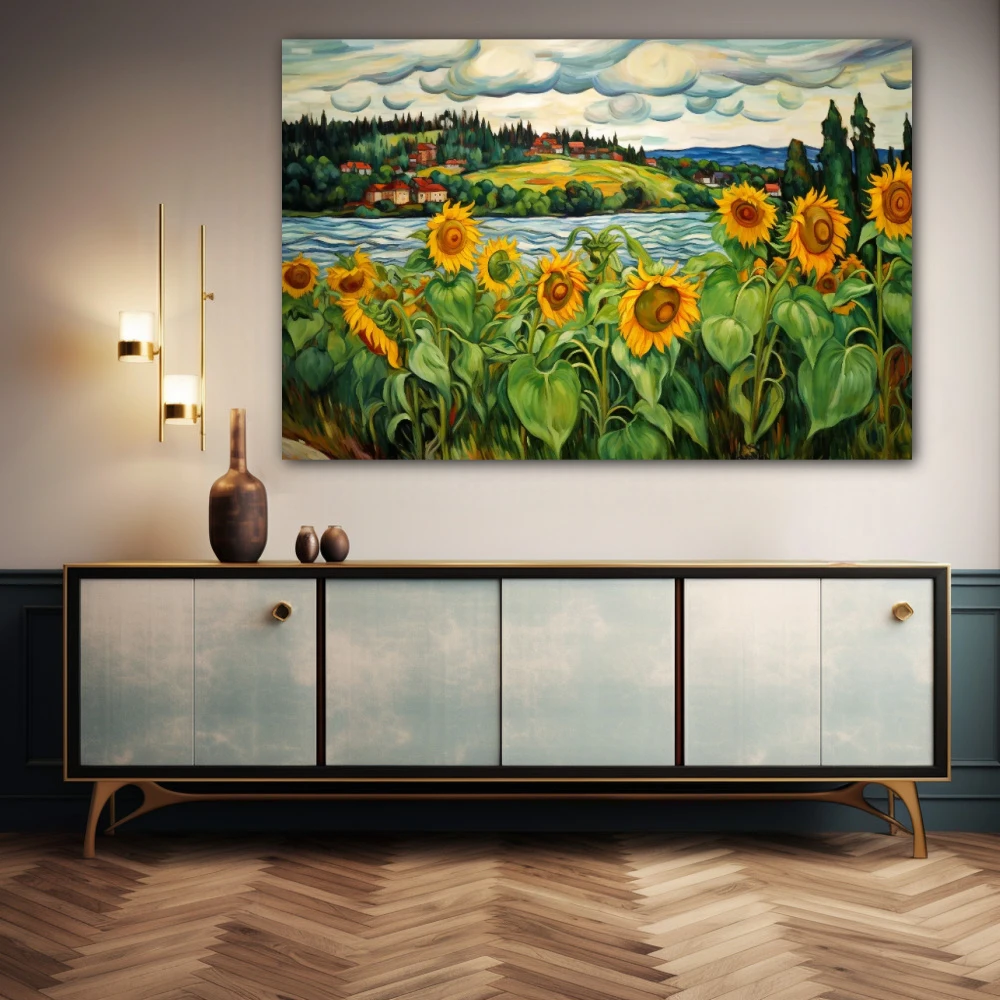 Wall Art titled: Sentinels of the Dawn in a Horizontal format with: Blue, Orange, Green, and Vivid Colors; Decoration the Sideboard wall