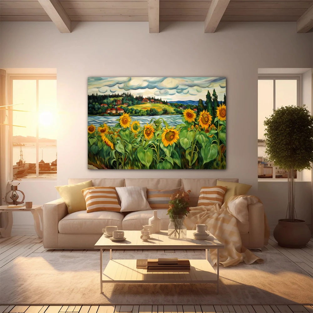 Wall Art titled: Sentinels of the Dawn in a Horizontal format with: Blue, Orange, Green, and Vivid Colors; Decoration the Apartamento en la playa wall