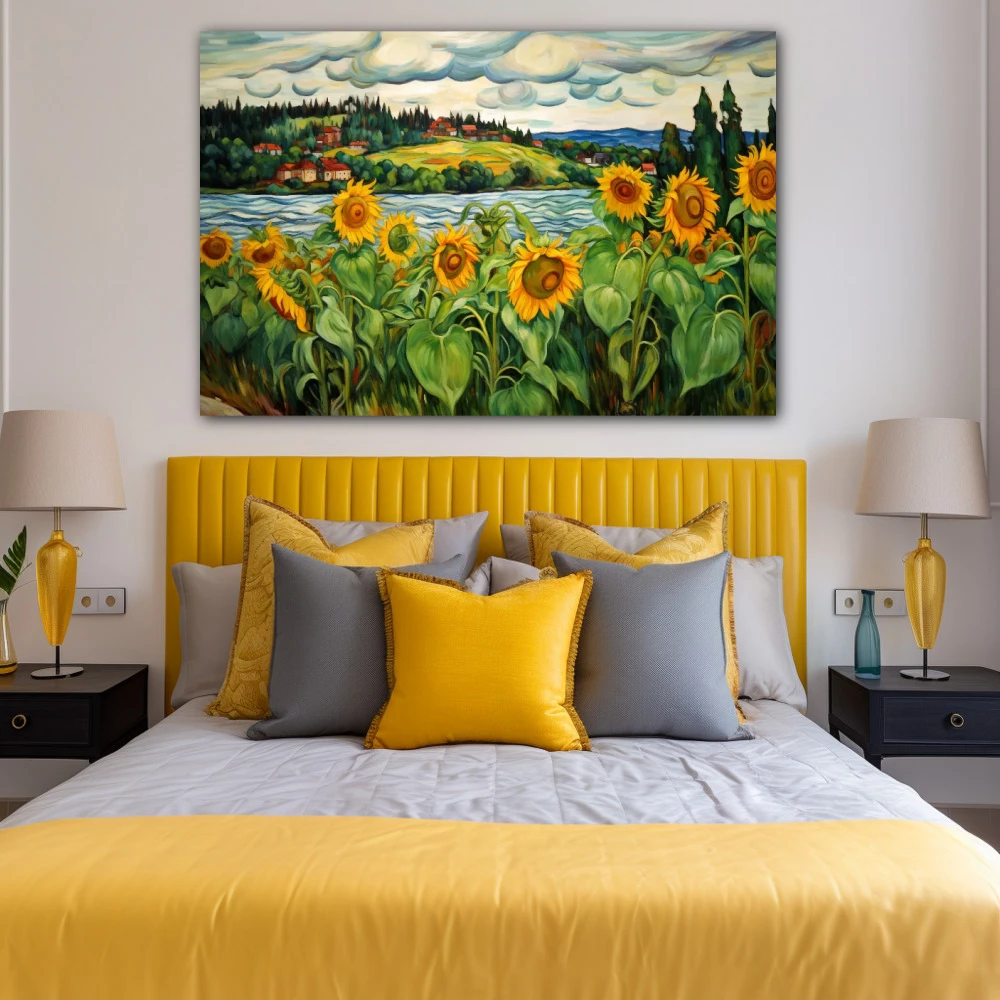 Wall Art titled: Sentinels of the Dawn in a Horizontal format with: Blue, Orange, Green, and Vivid Colors; Decoration the Bedroom wall
