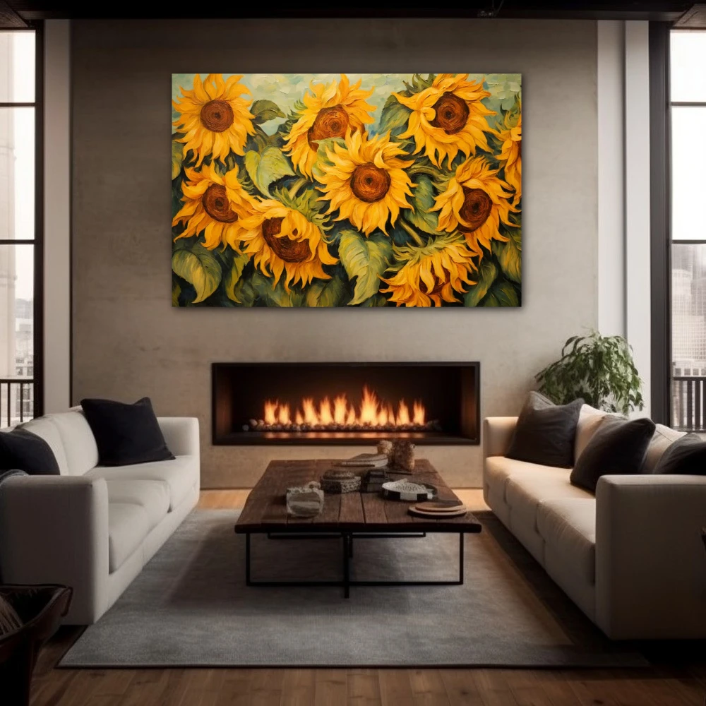 Wall Art titled: Dancers of the Light in a Horizontal format with: Mustard, Green, and Vivid Colors; Decoration the Fireplace wall