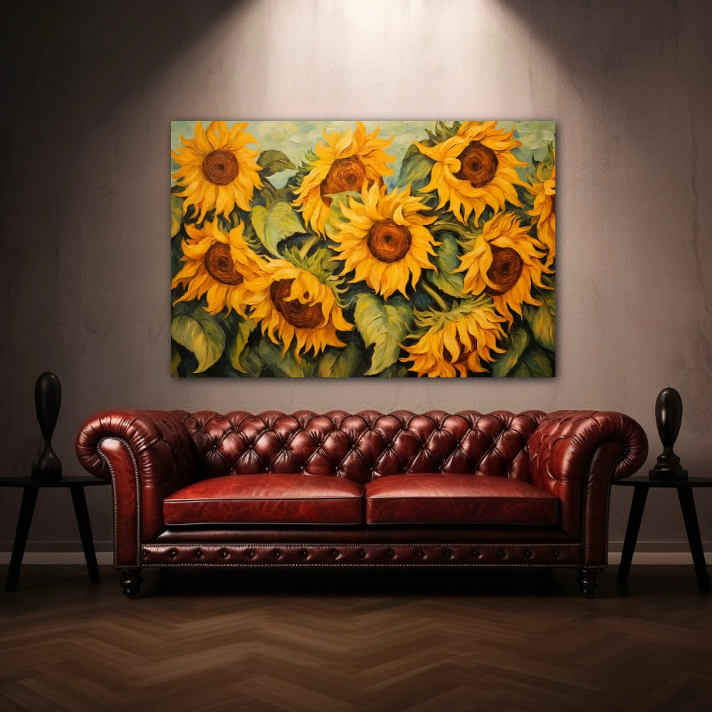 Wall Art titled: Dancers of the Light in a Horizontal format with: Mustard, Green, and Vivid Colors; Decoration the Above Couch wall