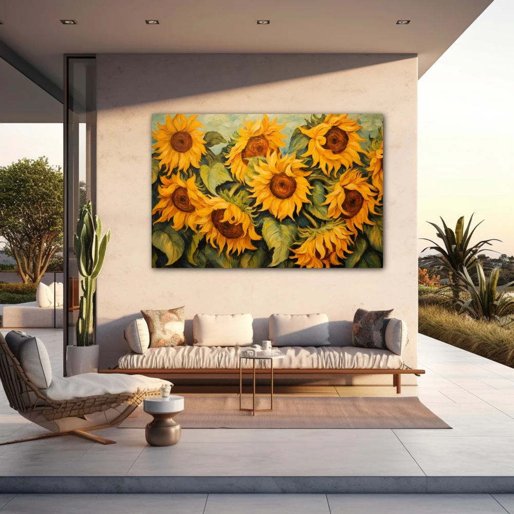 Wall Art titled: Dancers of the Light in a Horizontal format with: Mustard, Green, and Vivid Colors; Decoration the Outdoor wall