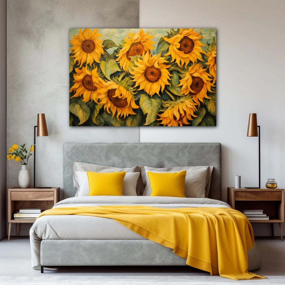 Wall Art titled: Dancers of the Light in a Horizontal format with: Mustard, Green, and Vivid Colors; Decoration the Bedroom wall