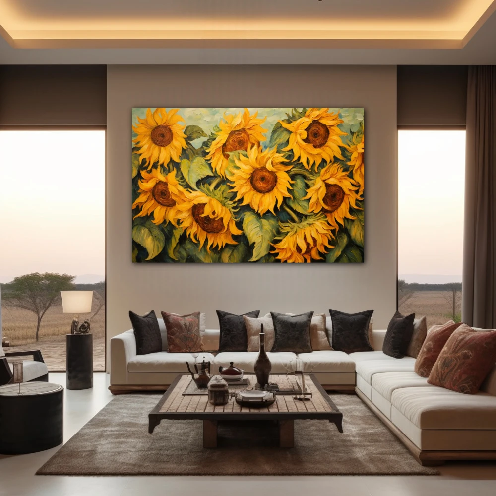 Wall Art titled: Dancers of the Light in a Horizontal format with: Mustard, Green, and Vivid Colors; Decoration the Living Room wall