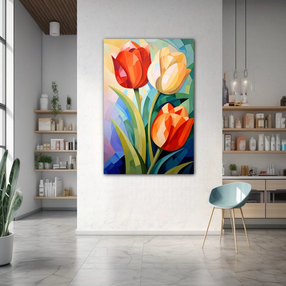Wall Art titled: Spring Mirage in a Vertical format with: Yellow, Orange, and Beige Colors; Decoration the Pharmacy wall