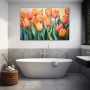 Wall Art titled: Ephemeral Elegance in a Horizontal format with: Orange, and Green Colors; Decoration the Bathroom wall