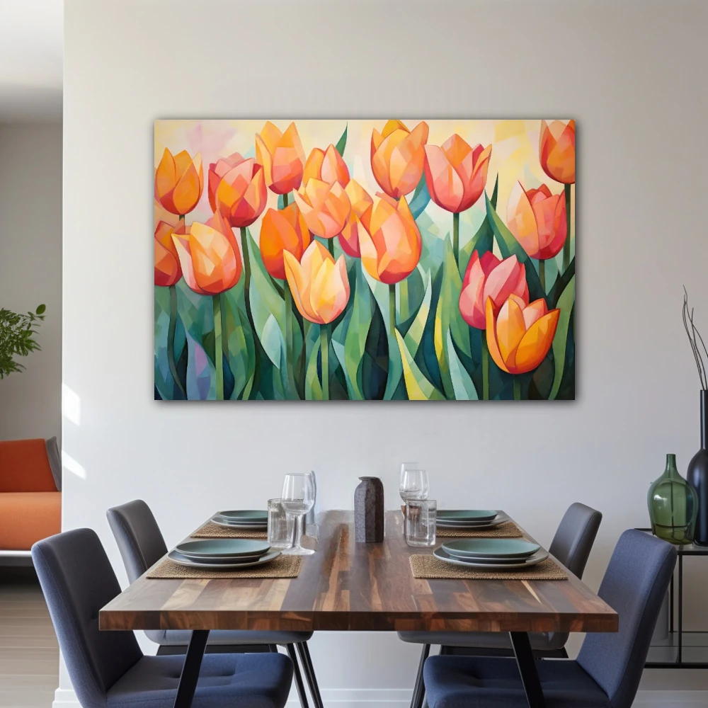 Wall Art titled: Ephemeral Elegance in a Horizontal format with: Orange, and Green Colors; Decoration the Living Room wall