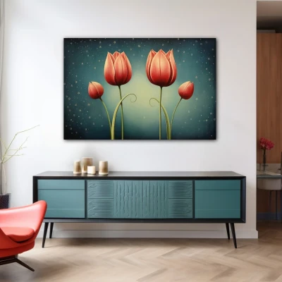 Wall Art titled: Crimson Reflections in a Horizontal format with: Red, and Green Colors; Decoration the Sideboard wall