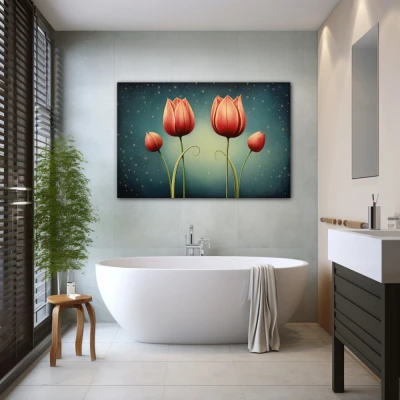 Wall Art titled: Crimson Reflections in a  format with: Red, and Green Colors; Decoration the Bathroom wall