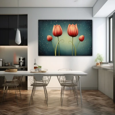 Wall Art titled: Crimson Reflections in a  format with: Red, and Green Colors; Decoration the Kitchen wall