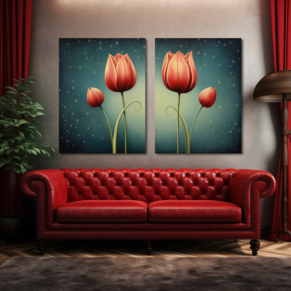 Wall Art titled: Crimson Reflections in a Horizontal format with: Red, and Green Colors; Decoration the Above Couch wall