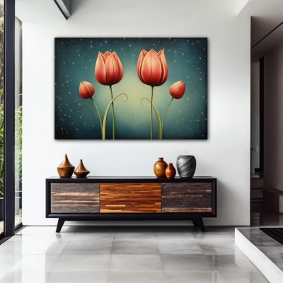 Wall Art titled: Crimson Reflections in a Horizontal format with: Red, and Green Colors; Decoration the Entryway wall