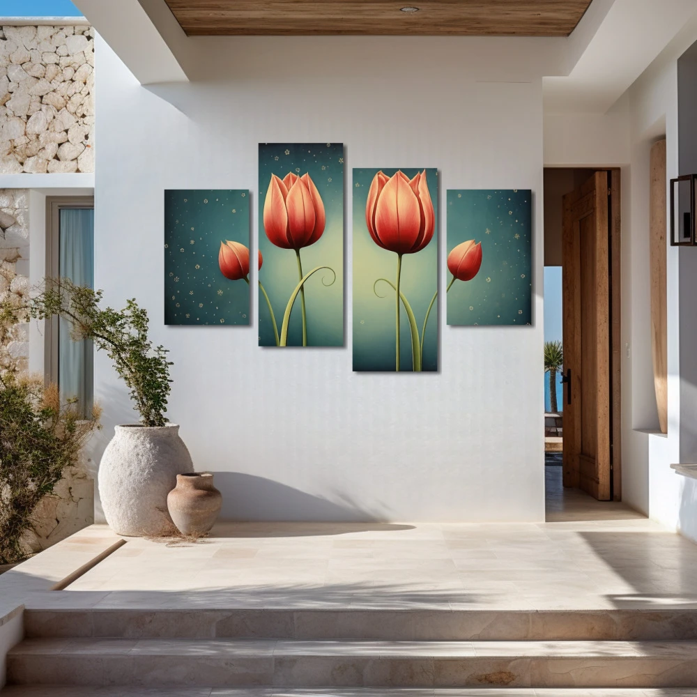 Wall Art titled: Crimson Reflections in a Horizontal format with: Red, and Green Colors; Decoration the Entryway wall