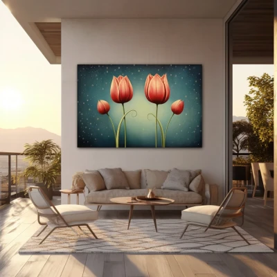 Wall Art titled: Crimson Reflections in a  format with: Red, and Green Colors; Decoration the Outdoor wall