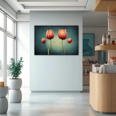 Wall Art titled: Crimson Reflections in a Horizontal format with: Red, and Green Colors; Decoration the Pharmacy wall