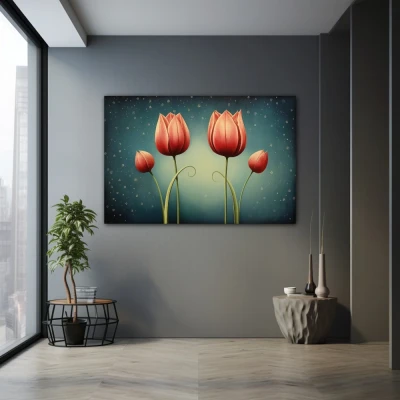 Wall Art titled: Crimson Reflections in a  format with: Red, and Green Colors; Decoration the Grey Walls wall