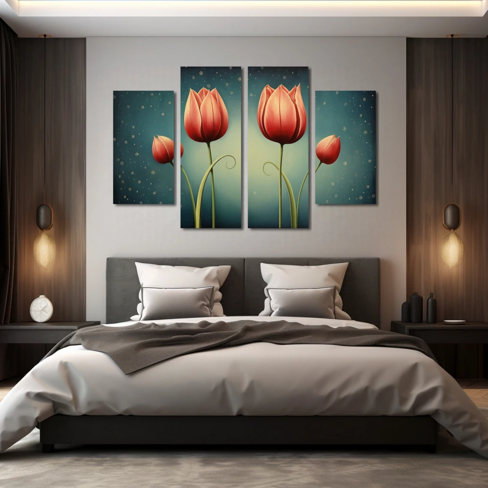 Wall Art titled: Crimson Reflections in a Horizontal format with: Red, and Green Colors; Decoration the Bedroom wall