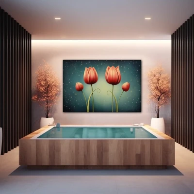 Wall Art titled: Crimson Reflections in a Horizontal format with: Red, and Green Colors; Decoration the Wellbeing wall