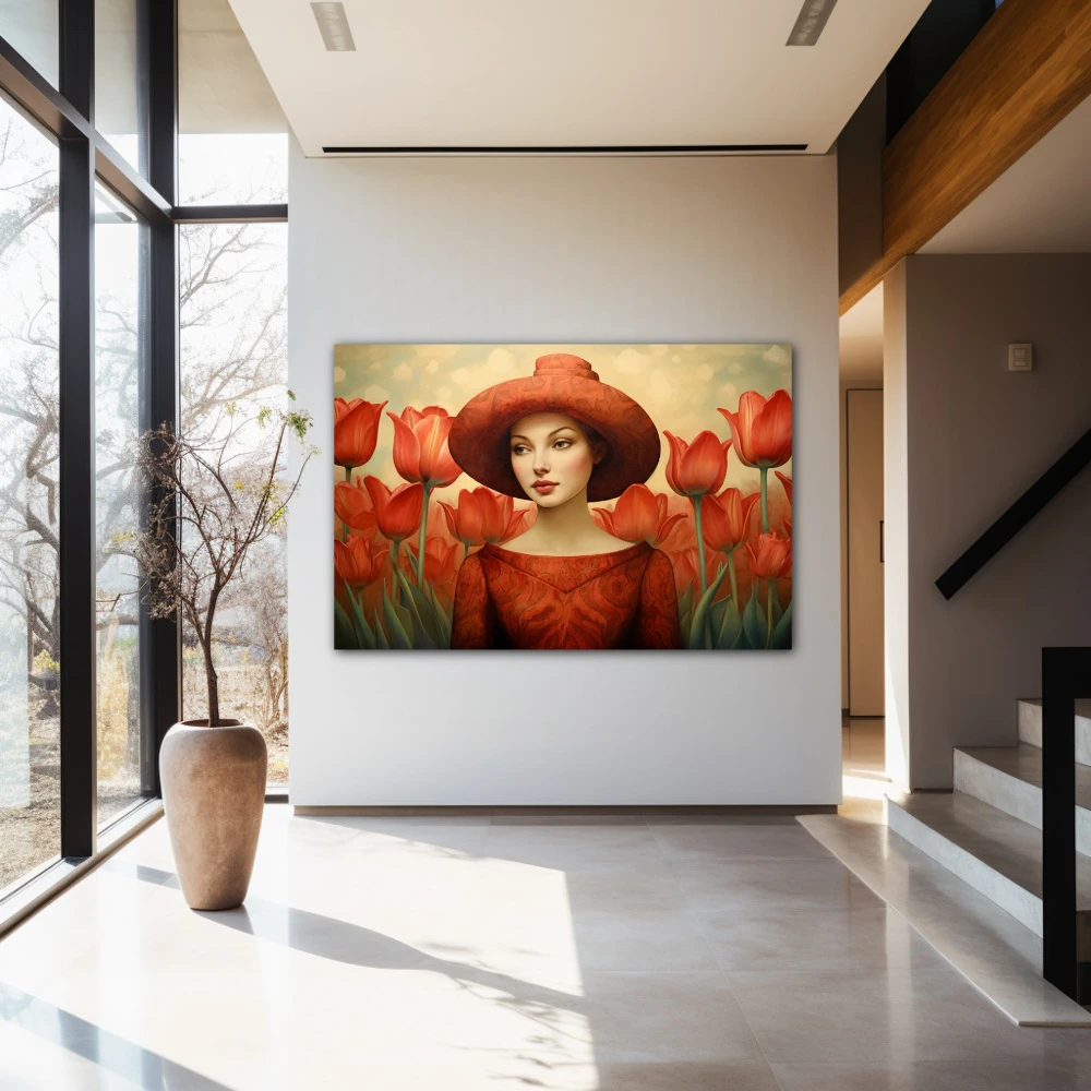 Wall Art titled: Lady of Passion in a Horizontal format with: Red, and Green Colors; Decoration the Entryway wall