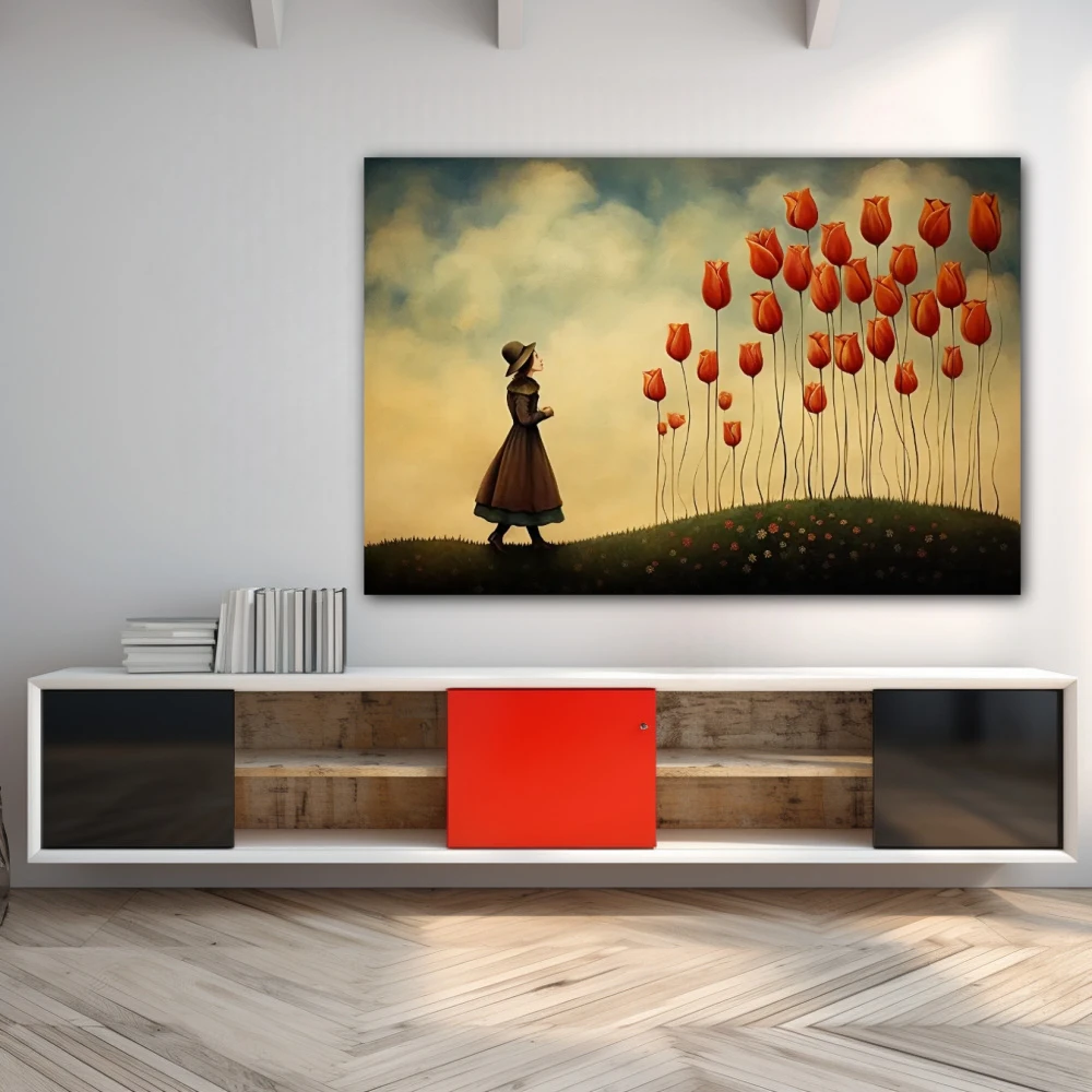 Wall Art titled: Dreaming Among Tulips in a Horizontal format with: Red, and Green Colors; Decoration the Sideboard wall