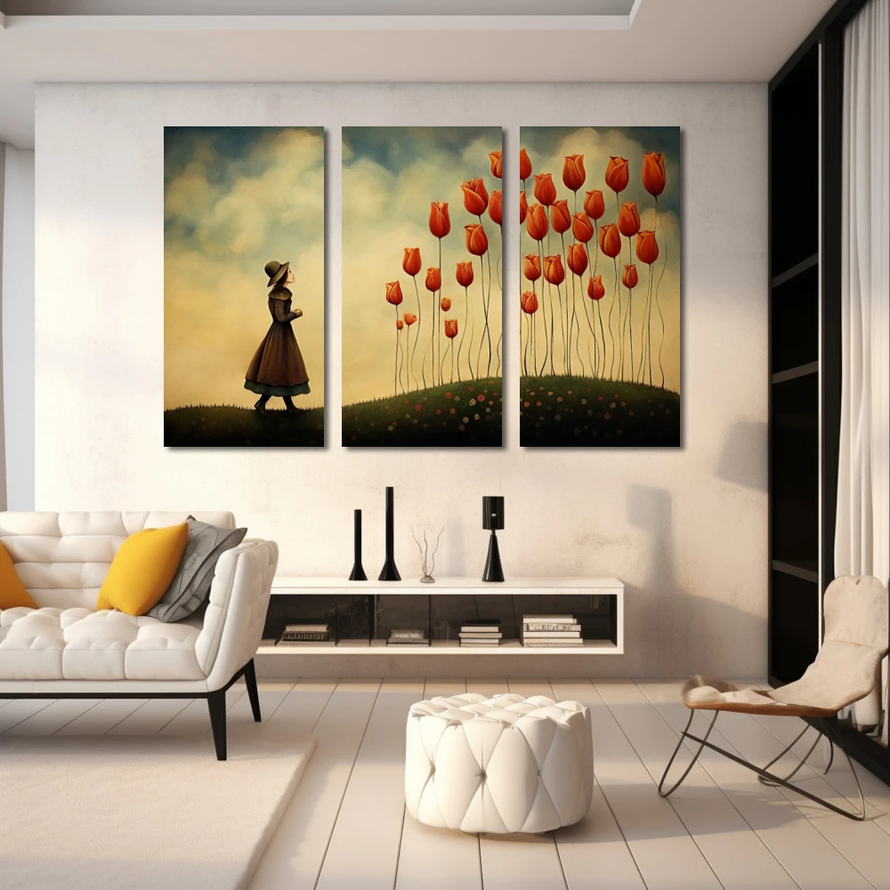 Wall Art titled: Dreaming Among Tulips in a Horizontal format with: Red, and Green Colors; Decoration the White Wall wall