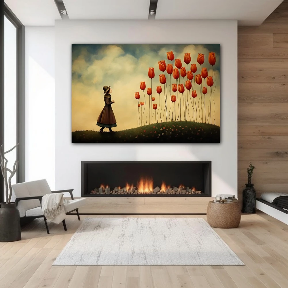 Wall Art titled: Dreaming Among Tulips in a Horizontal format with: Red, and Green Colors; Decoration the Fireplace wall