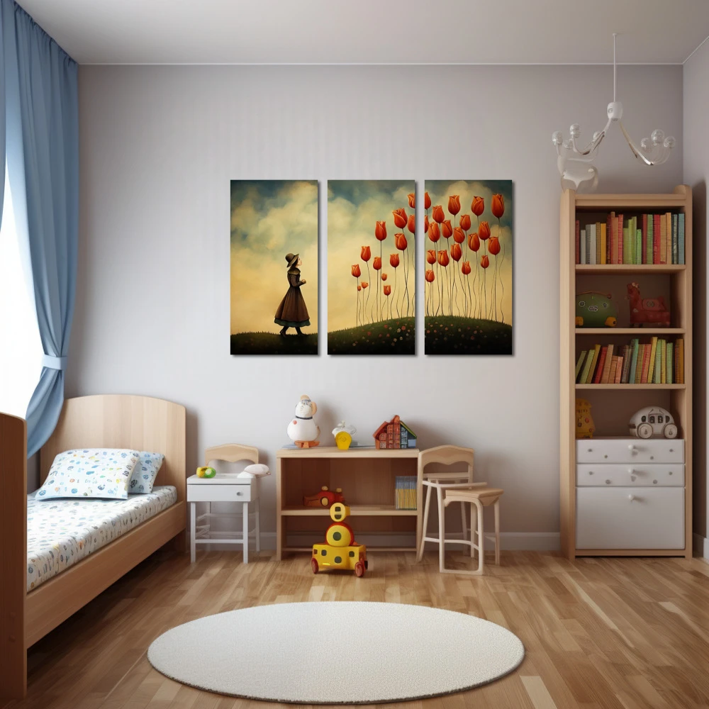 Wall Art titled: Dreaming Among Tulips in a Horizontal format with: Red, and Green Colors; Decoration the Nursery wall
